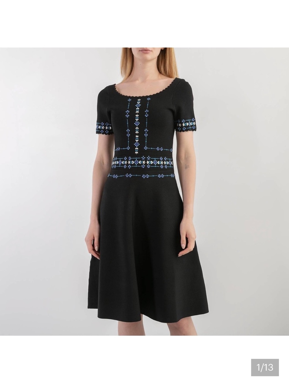 Sandro Fit & Flare Dress with Blue Embroidery